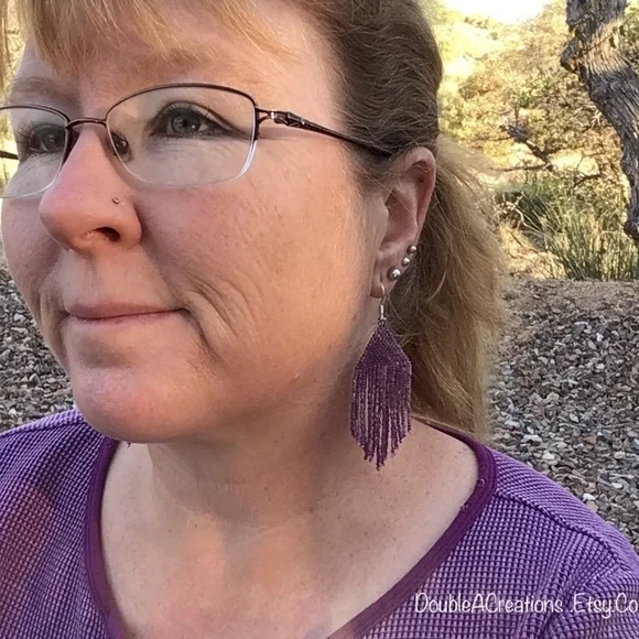 Purple Rainbow Lined Beaded Earrings with Fringe, New, Handmade By Me - Picture 6 of 7